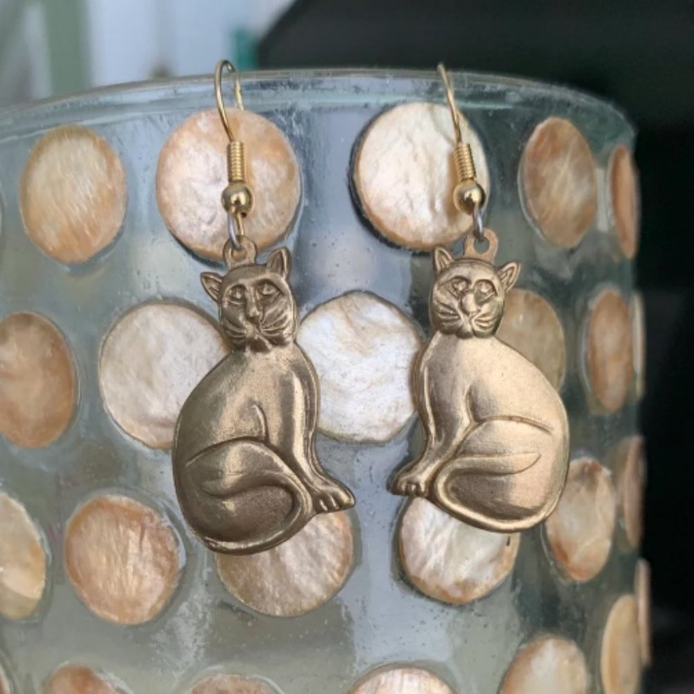 Gold Tone Vintage Cat Earrings Active